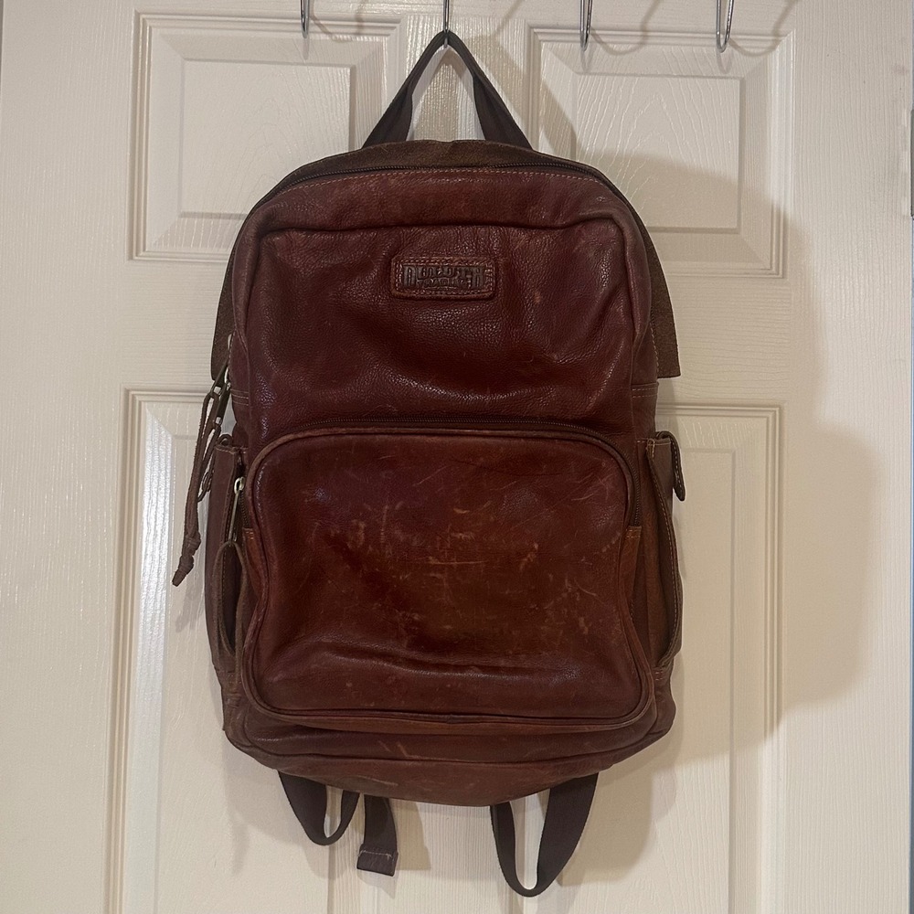 Duluth Trading Co Brown Leather Backpack Laptop Bag Plaid Lining Rugged Mens